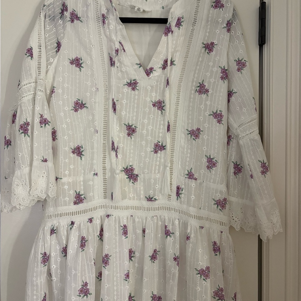 White Floral Midi Dress with Lavender Rose Print